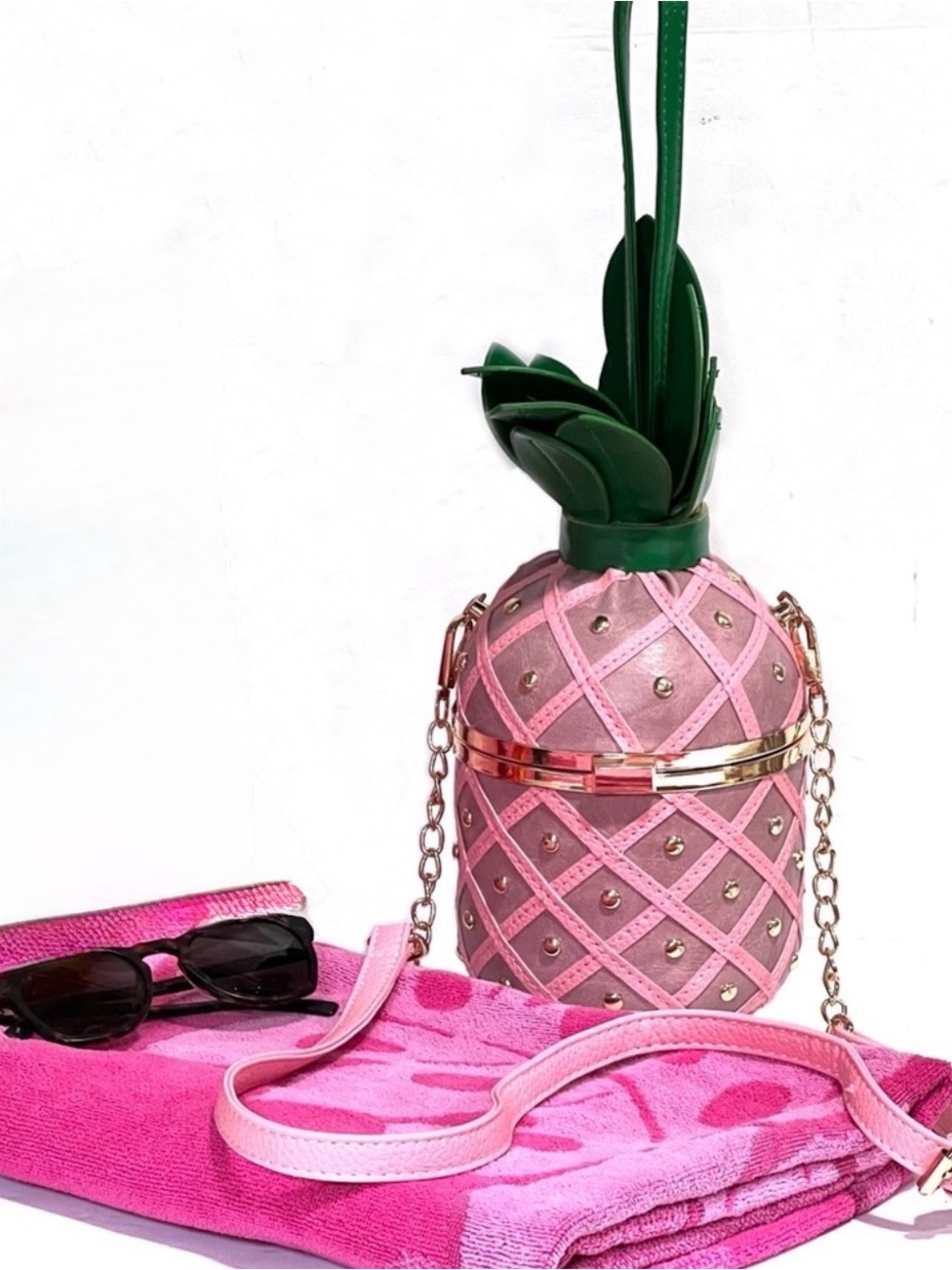 NWT Pink Novelty 3D Pineapple Crossbody Bag Wristlet Clutch Gold Geometric